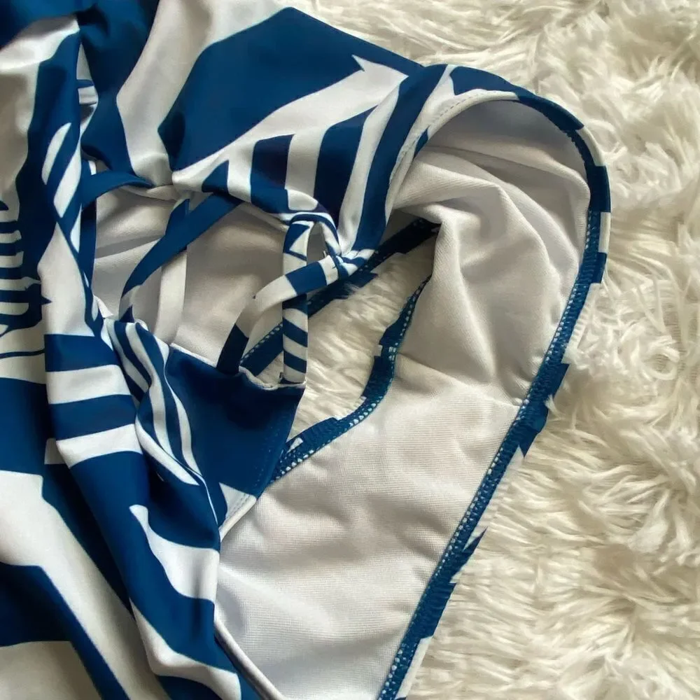 Patpat One Piece Swimsuit Blue‎ White Striped Ruffle Top Open Sides Womens Large